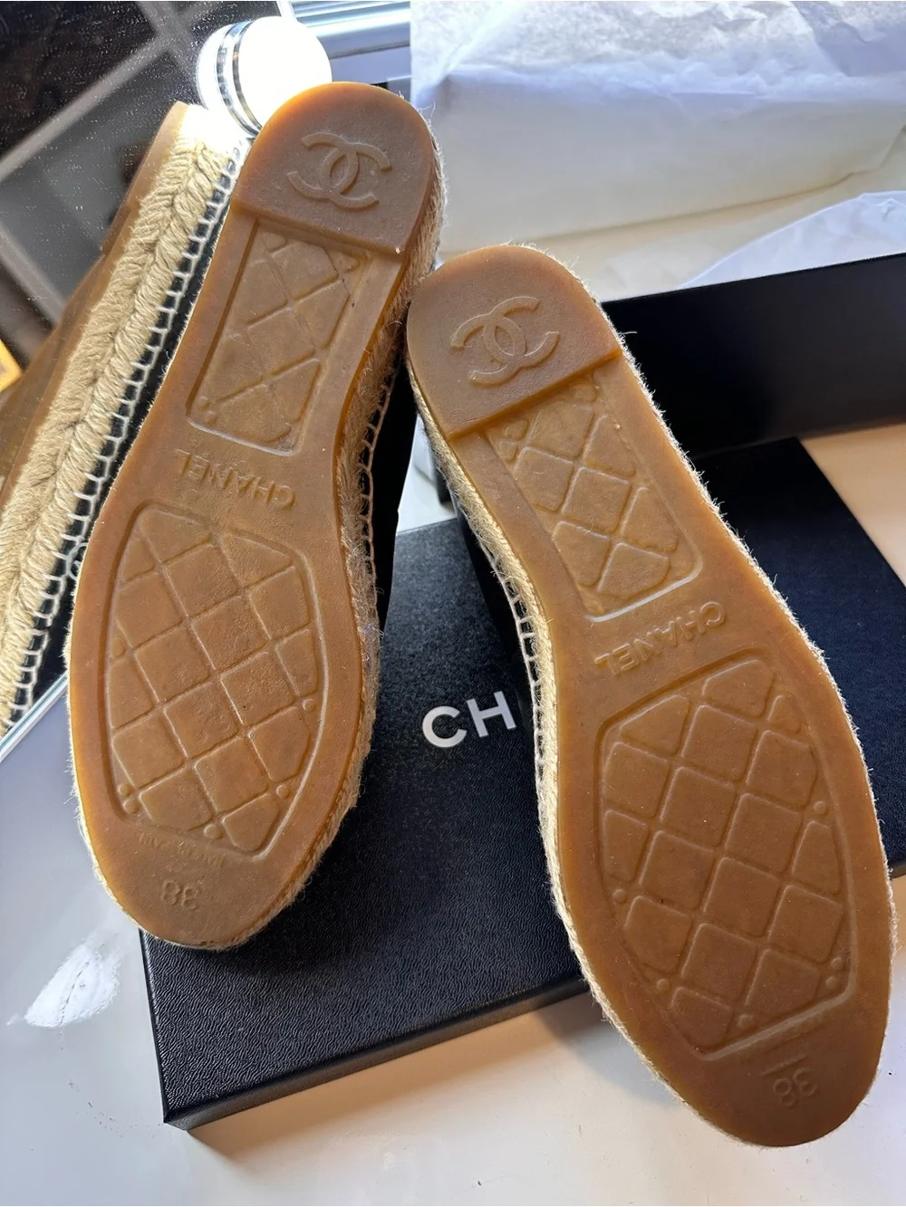 CHANEL Black Leather Espadrille Flats with Interlocked CC